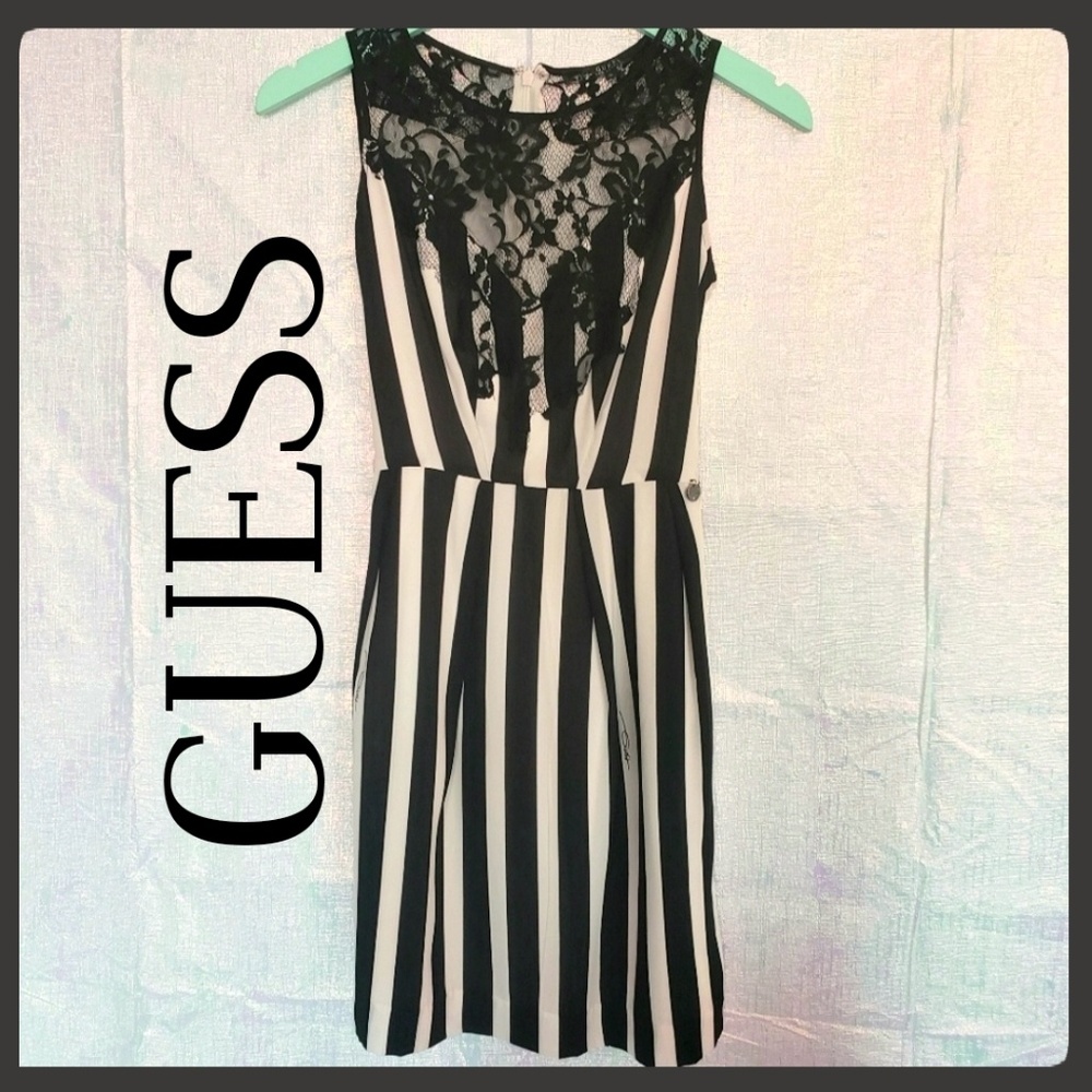 GUESS Striped Cream and Black Lace Party Dress